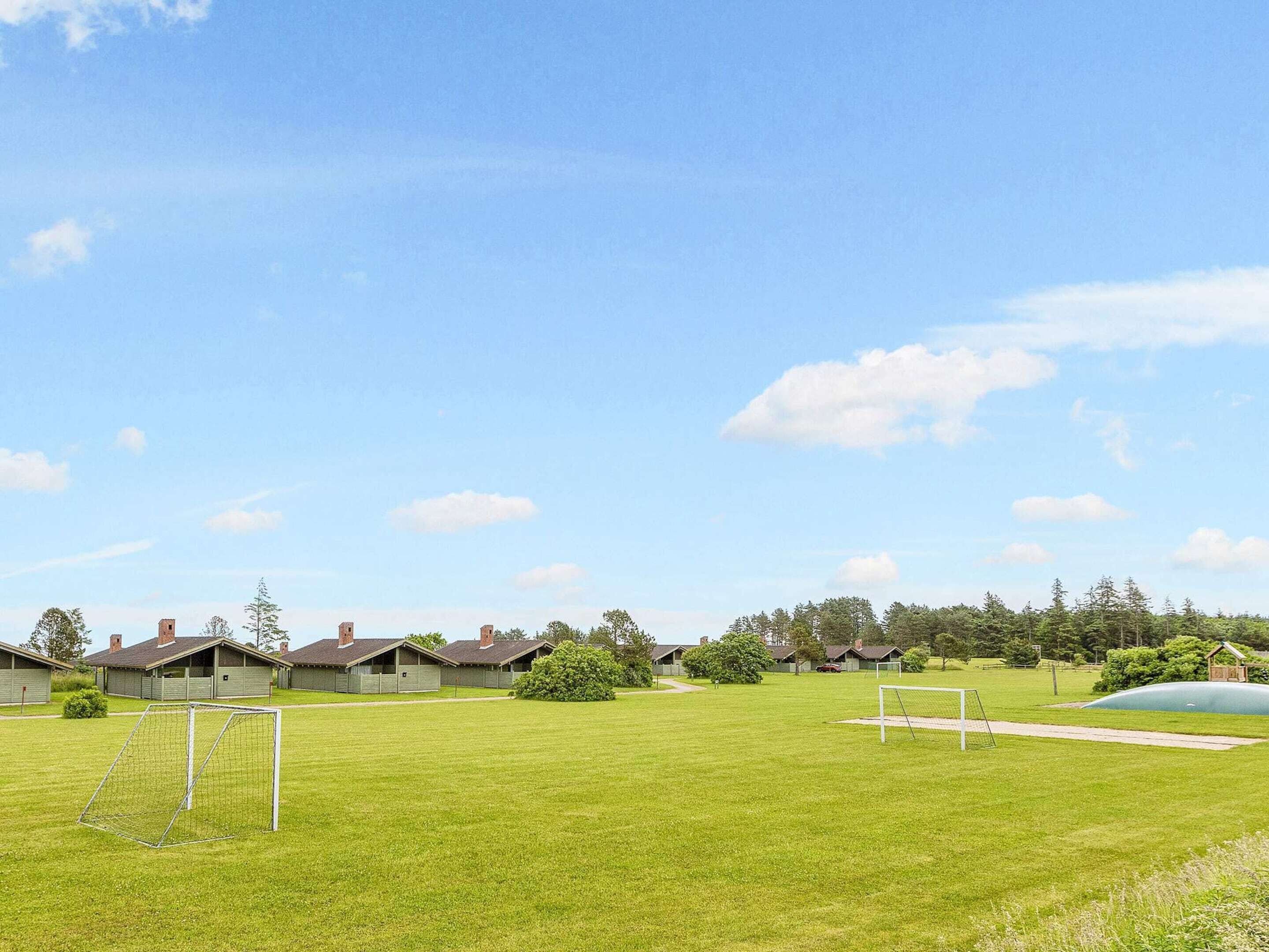 Un champ herbeux avec deux buts de football, un petit étang et une rangée de maisons en arrière-plan.