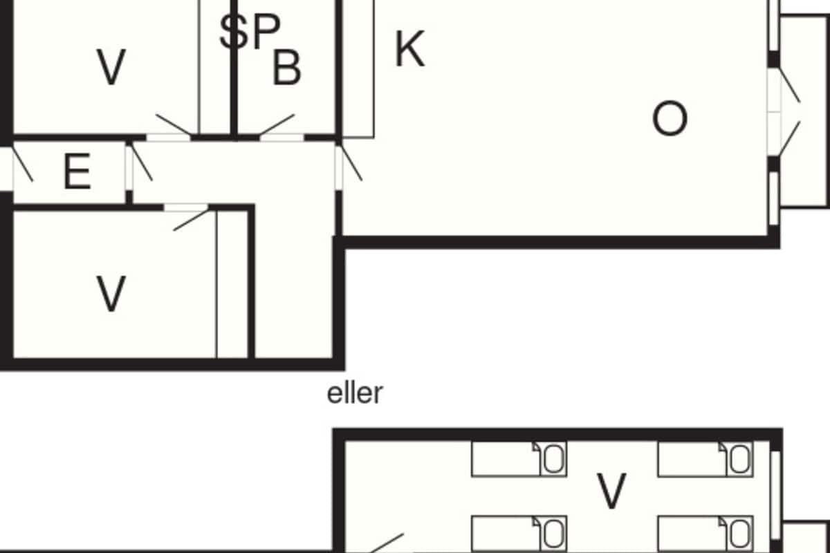 Un plan d’étage d’hôtel comprenant deux sections principales, étiquetées « V » et « K ». Chaque section comprend une salle de bain (« B ») et une kitchenette (« SP »). Le plan comprend également un couloir (« E ») reliant les deux sections.