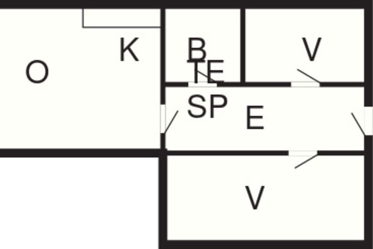 A floor plan with labeled rooms O, K, B, E, SP, and V.