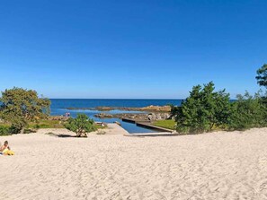 Enjoy a serene beachfront setting with a pool surrounded by lush greenery and the ocean.