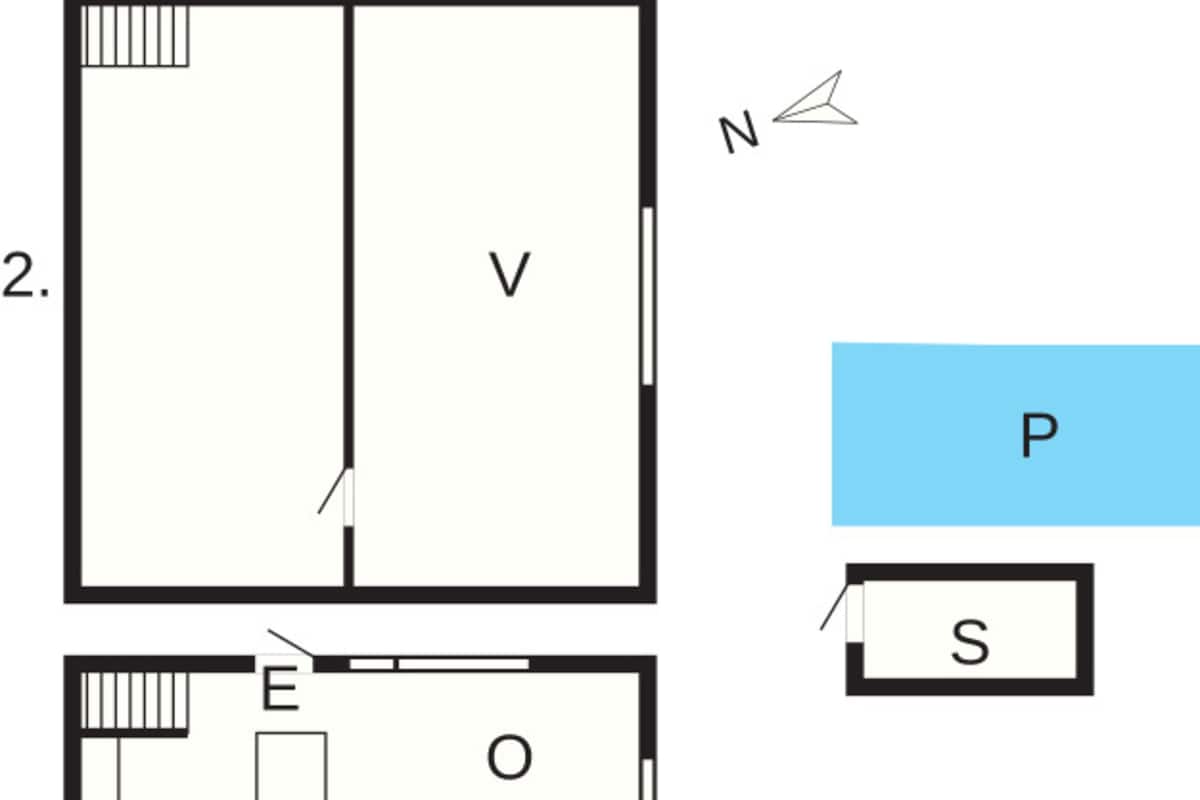 A floor plan with two rooms labeled 'V' and 'K'. Room 'V' has a window labeled 'E' and a door leading to room 'K'. Room 'K' has a window labeled 'B' and a door leading to room 'V'. There is a blue area labeled 'P' and a black area labeled 'S'.