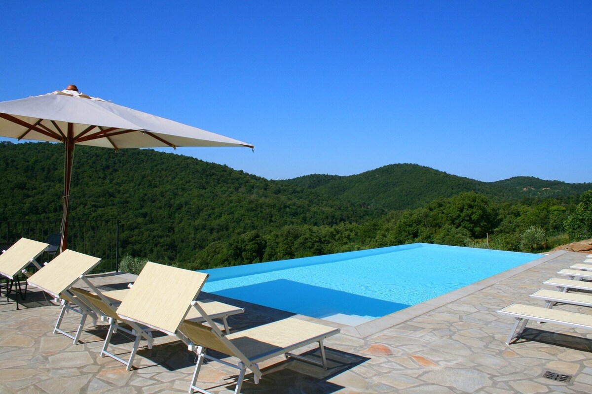 A swimming pool with lounge chairs and an umbrella, surrounded by stone flooring and a forested hillside.