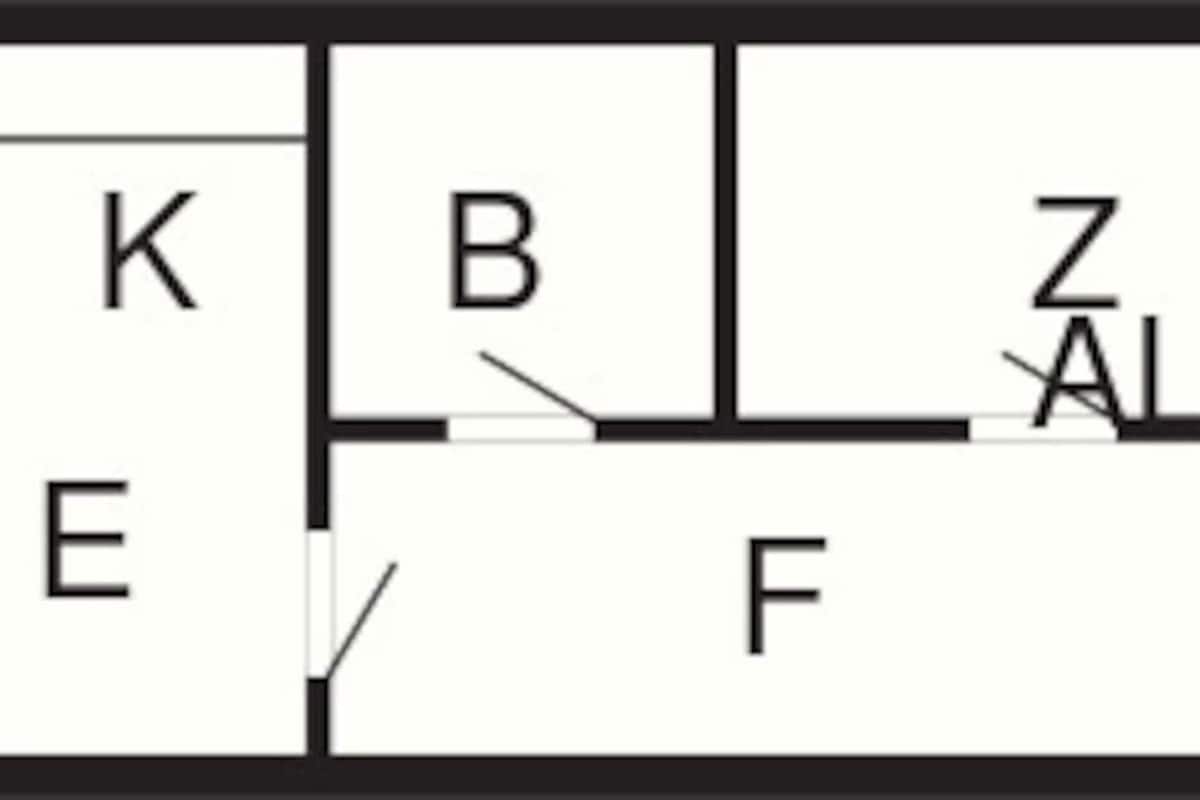 Een plattegrond met de labels W, E, K, B, F, Z en H voor de kamers.