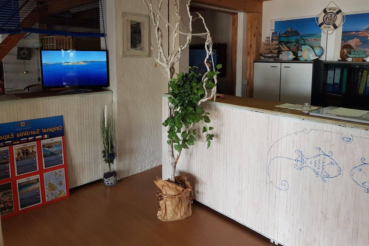 Ein Empfangsbereich mit Holztresen, einem Fernseher der eine Landschaft zeigt, einem an der Wand befestigten Rettungsring und einem Plakat, das eine Reise bewirbt.