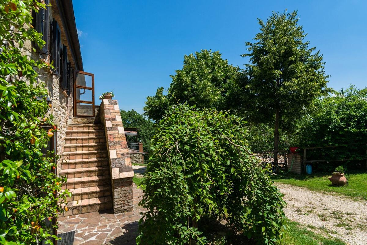 A stone staircase leading to a wooden door, surrounded by lush greenery and a clear blue sky.