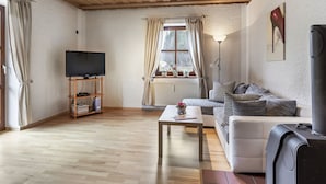 Een woonkamer met een houten plafond, een televisie op een meubel, een bank, een salontafel en een radiator.