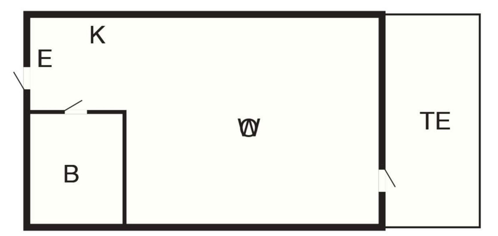 Plano de planta con habitaciones identificadas: K, E, B, W y TE.