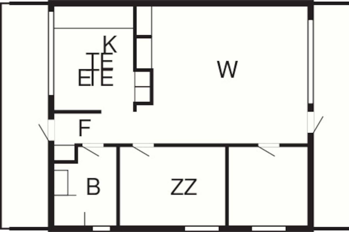 A floor plan with labeled rooms W, K, F, B, and ZZ.