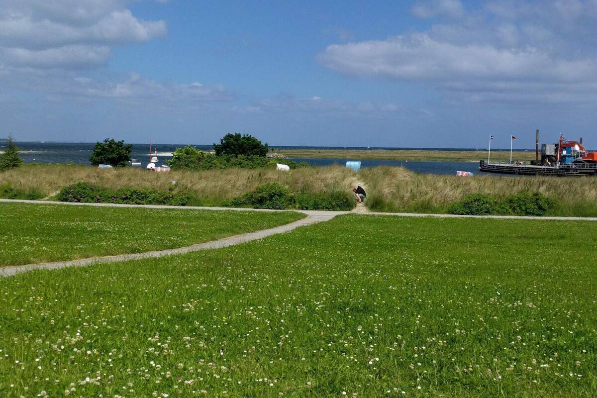 A grassy field with a path leading to a dock area by the water.