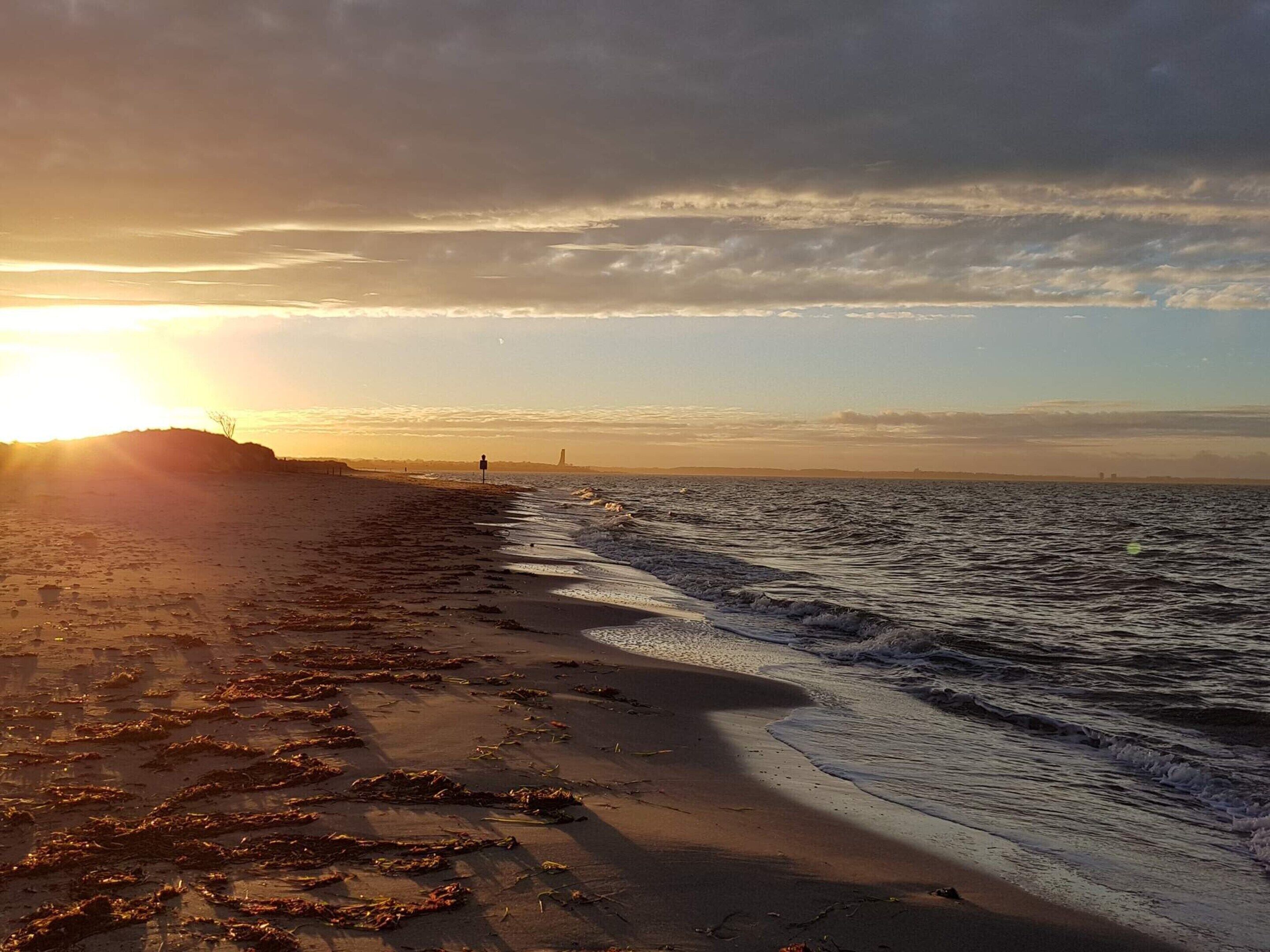 A beach with a sunset, waves, and a distant city skyline.