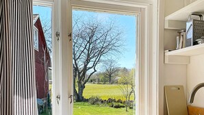 Eine Küche mit großem Fenster, einem Spülbecken und einer Reibe auf der Arbeitsfläche.