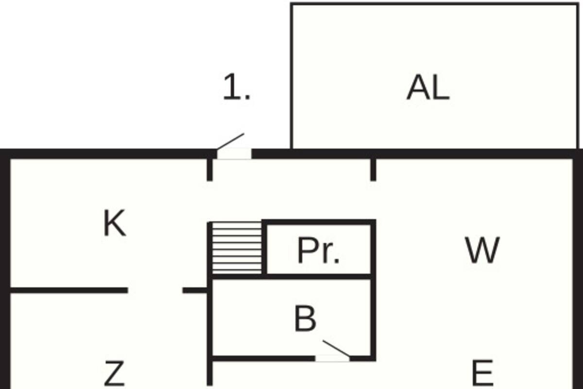 Ein Hotelgrundriss mit den Räumen Z, H, AL, K, W und E gekennzeichnet.
