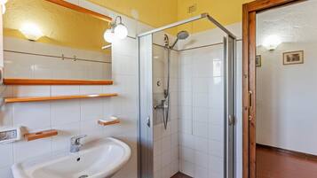 A bathroom with a white sink, a glass shower enclosure, and a wooden door.