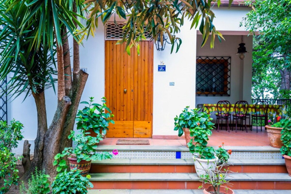 A wooden door, steps, potted plants, a window, and a table with chairs outside a building.
