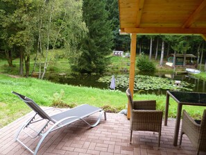 A patio with a lounge chair and wicker chairs overlooking a pond with lily pads and a wooden deck with a covered area. - Cosy Apartment With Covered Porch (Friedrichroda)