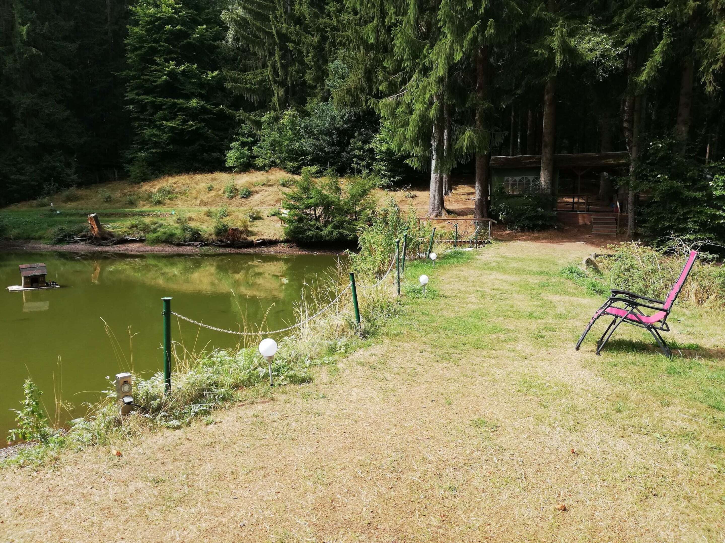 A serene park with a pond, a bench, and a small building near the water's edge.