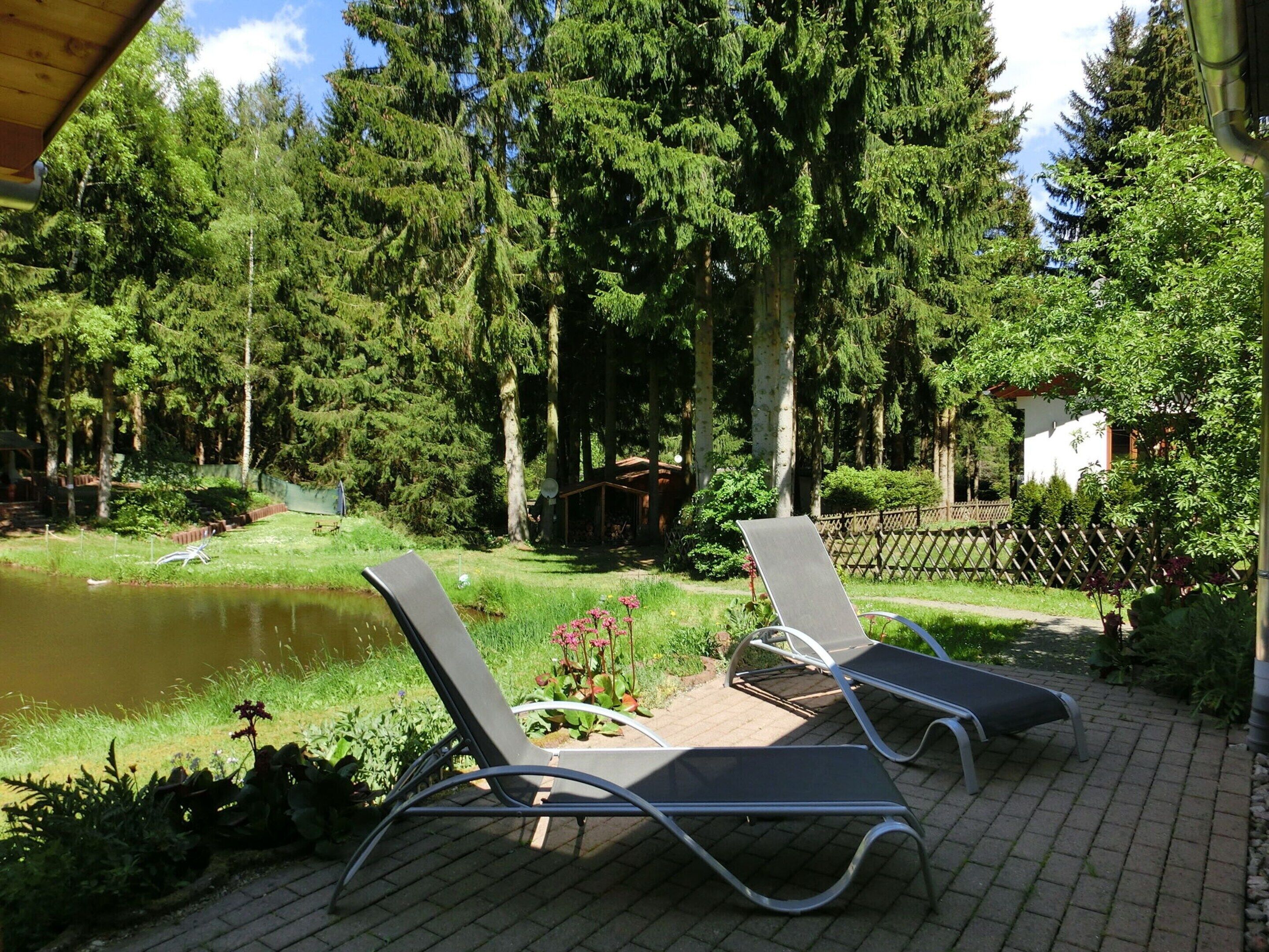 A serene outdoor seating area with two lounge chairs and a small pond, surrounded by lush greenery and tall trees.