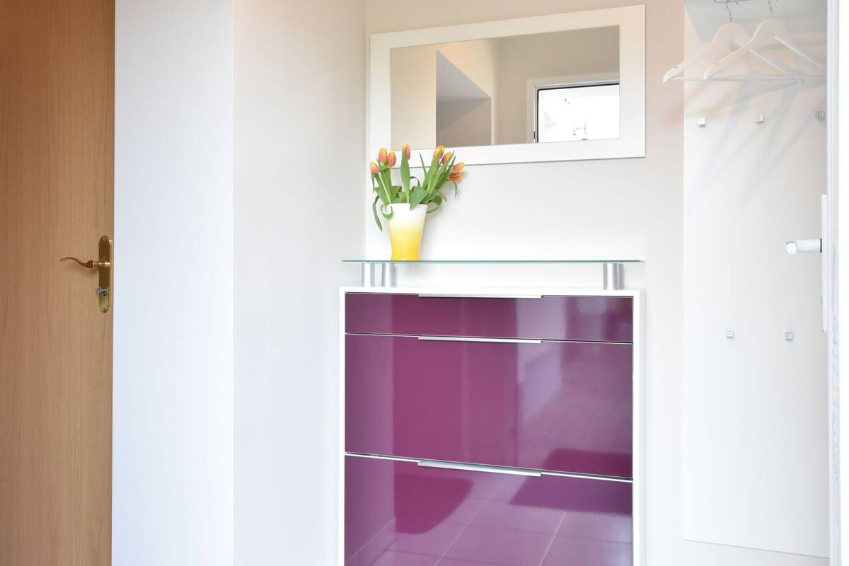 A bathroom with a wooden door, a mirror, a purple cabinet, and a hanging clothes rack.