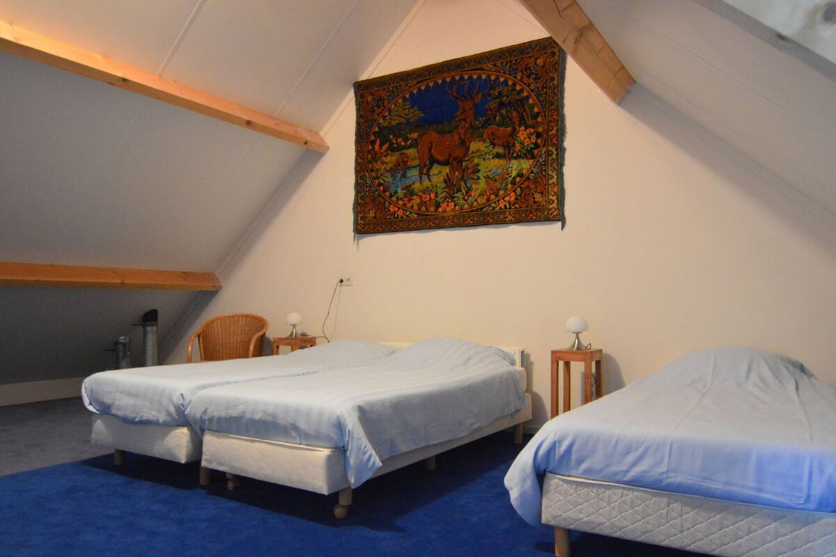 A bedroom with two beds, a wooden ceiling, and a colorful tapestry on the wall.
