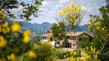 Una casa de piedra con tejado de tejas, rodeada de follaje y flores amarillas, con montañas al fondo.