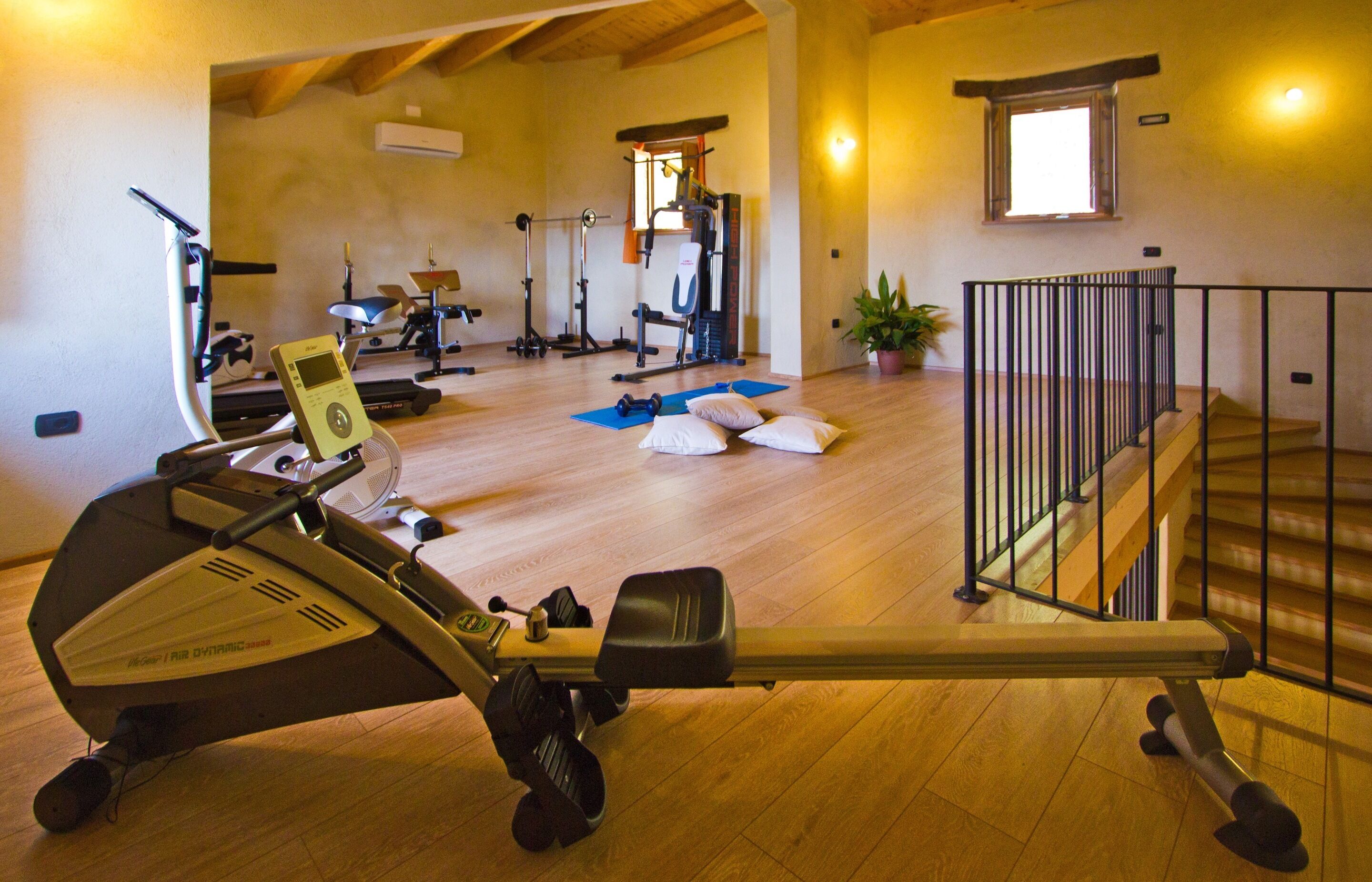 Een sportschool thuis met trainingsapparatuur, een trap en een potplant.