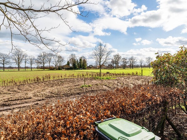 A rural landscape with a field, trees, and a green container. - Spacious Farmhouse in Silvolde With Garden (Silvolde)