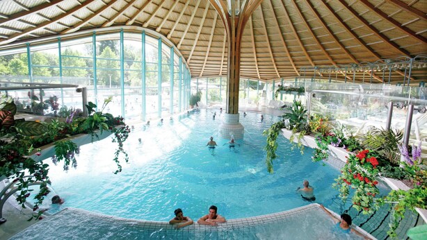An indoor swimming pool with a high, wooden ceiling and glass walls. - Spacious Apartment Near Forest in Bad Durrheim (Bad Duerrheim)