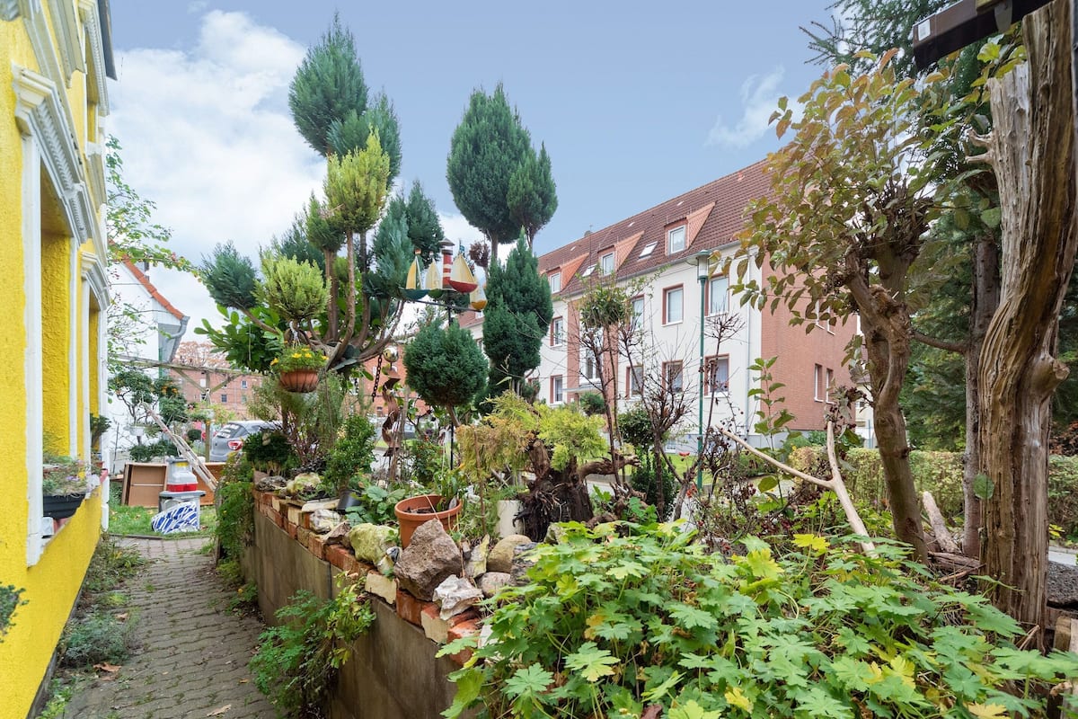 A narrow alleyway with a yellow building on the left, a stone wall with plants, and a row of trees and shrubs.
