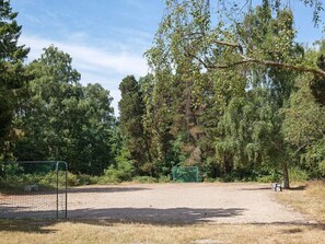Ein eingezäuntes Sportfeld mit einem Fußballtor, umgeben von dichter Baumgruppe und blauem Himmel.