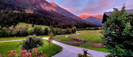 A rural landscape with a winding path, a wooden fence, and a mountain backdrop.