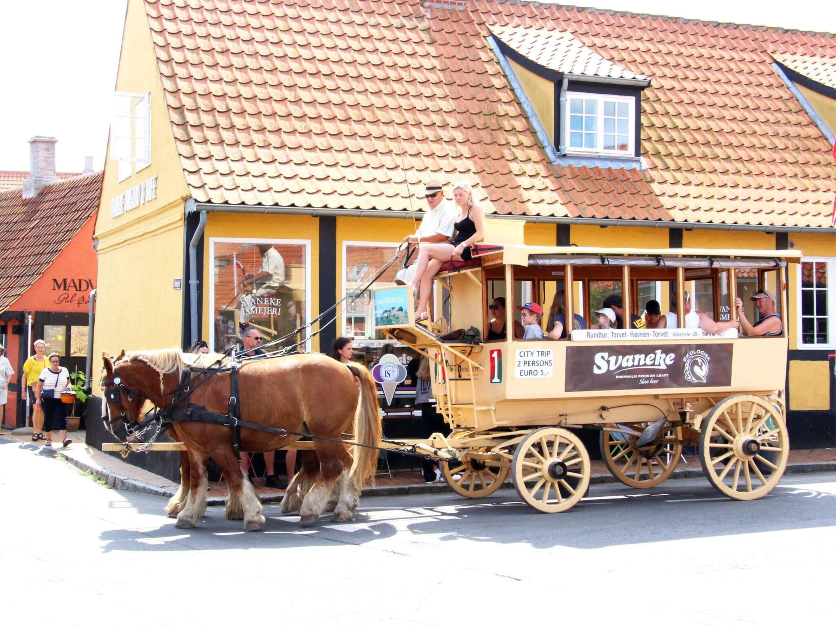 A horse-drawn carriage with passengers, parked in front of a building with a tiled roof and a sign that reads "Svaneke."