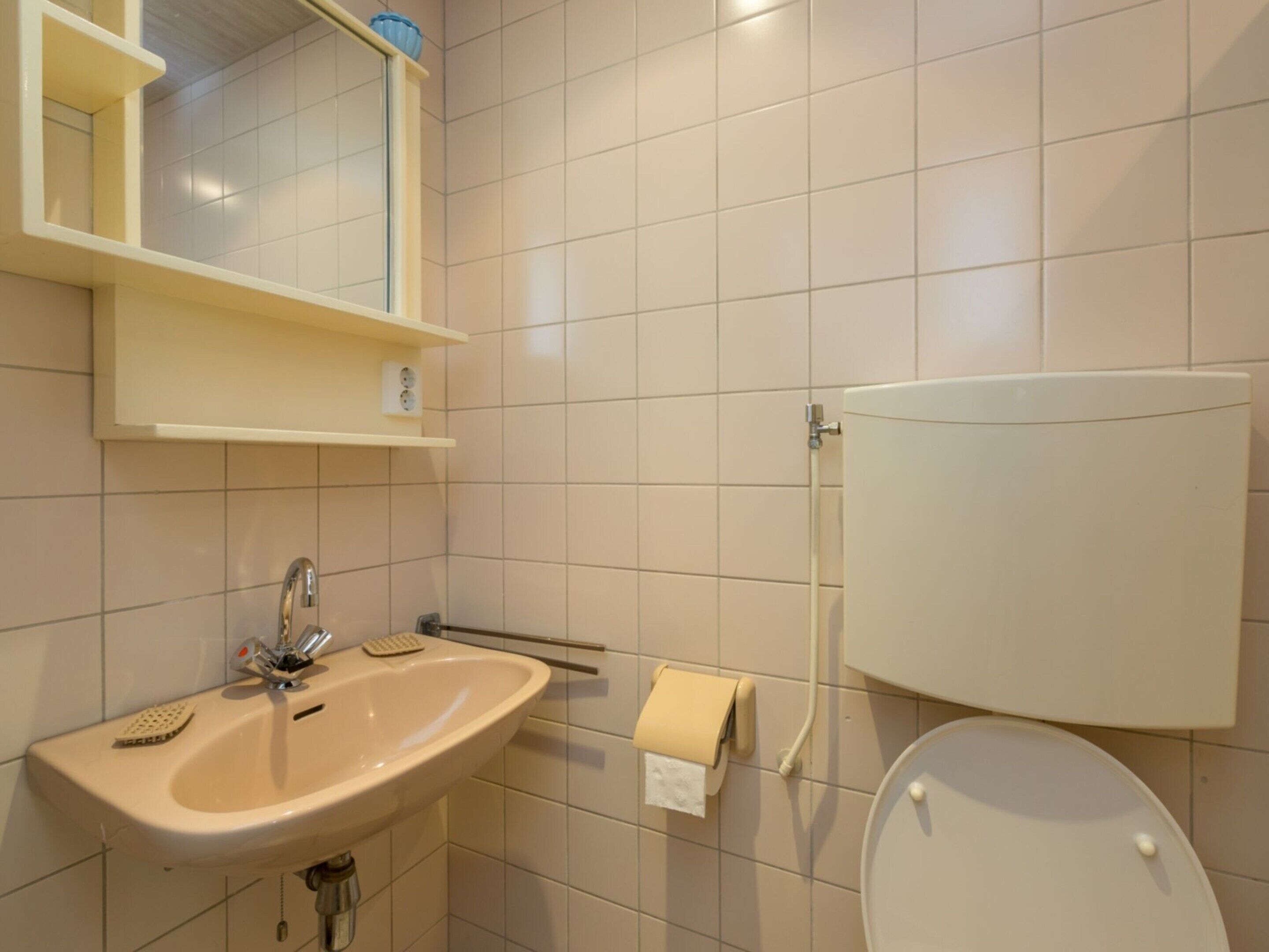 A bathroom with a sink, mirror, and toilet.