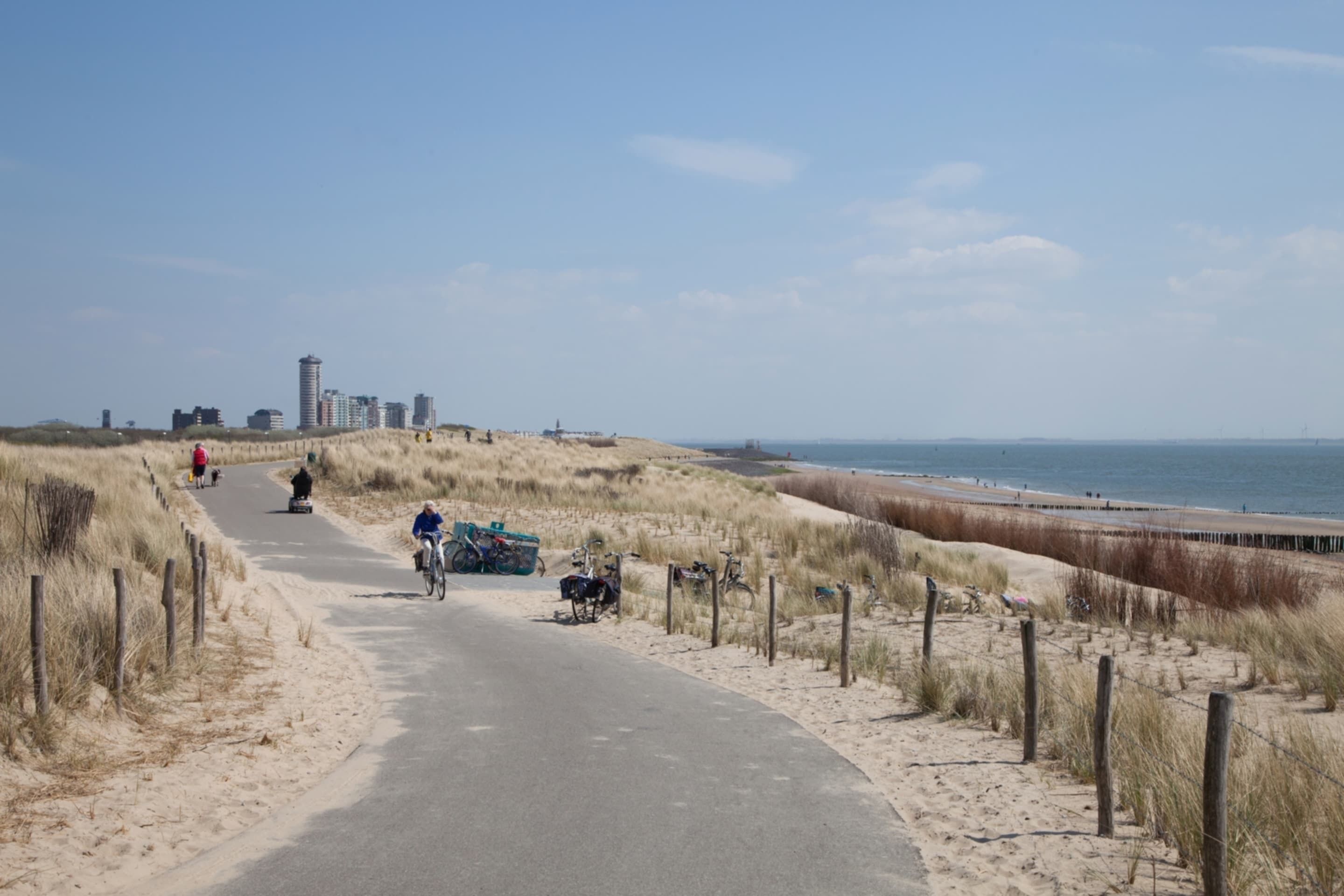 A coastal path with a sandy beach, a paved walkway, and a distant city skyline.