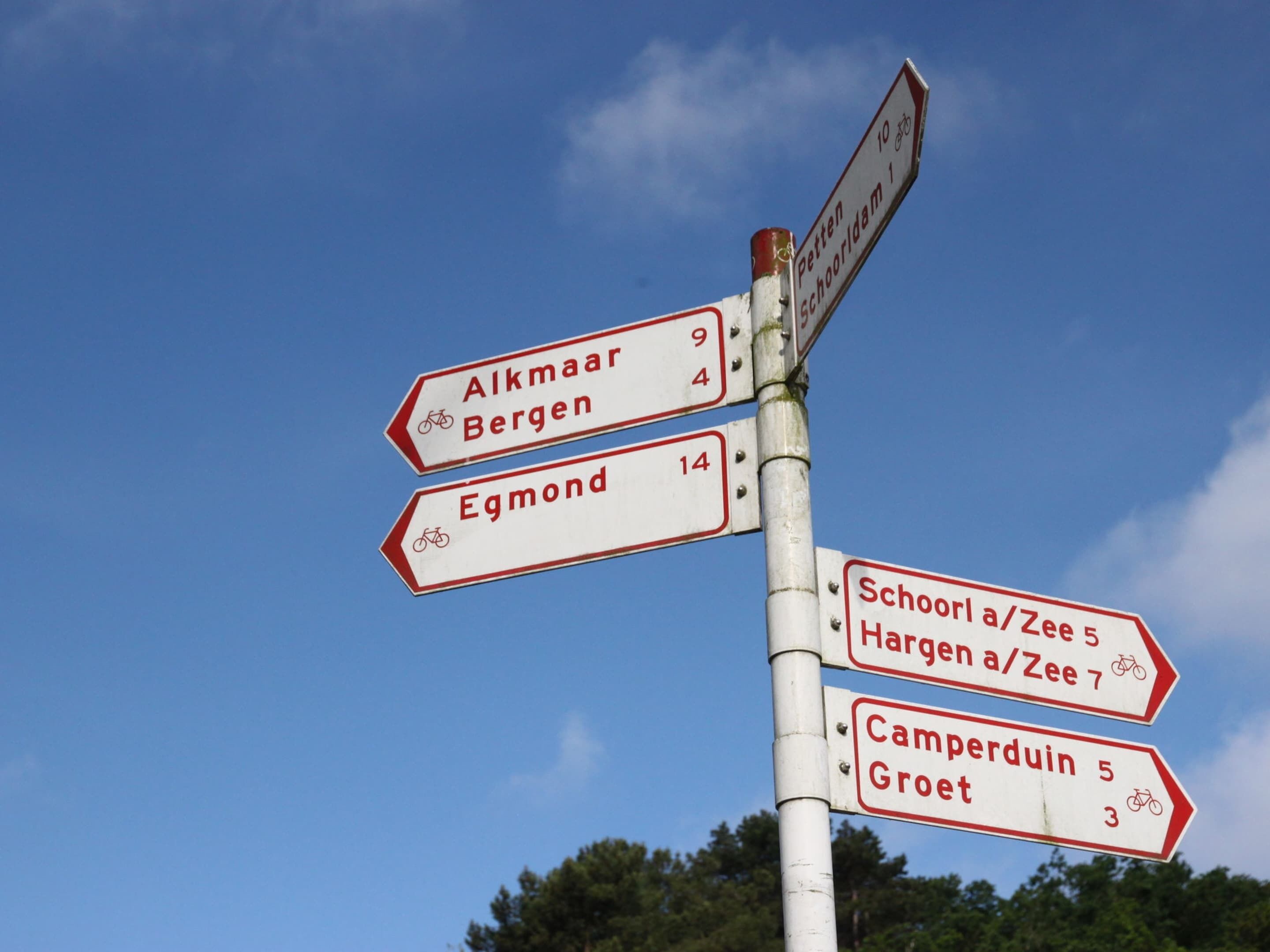 A directional signpost with multiple arrows pointing to various destinations.
