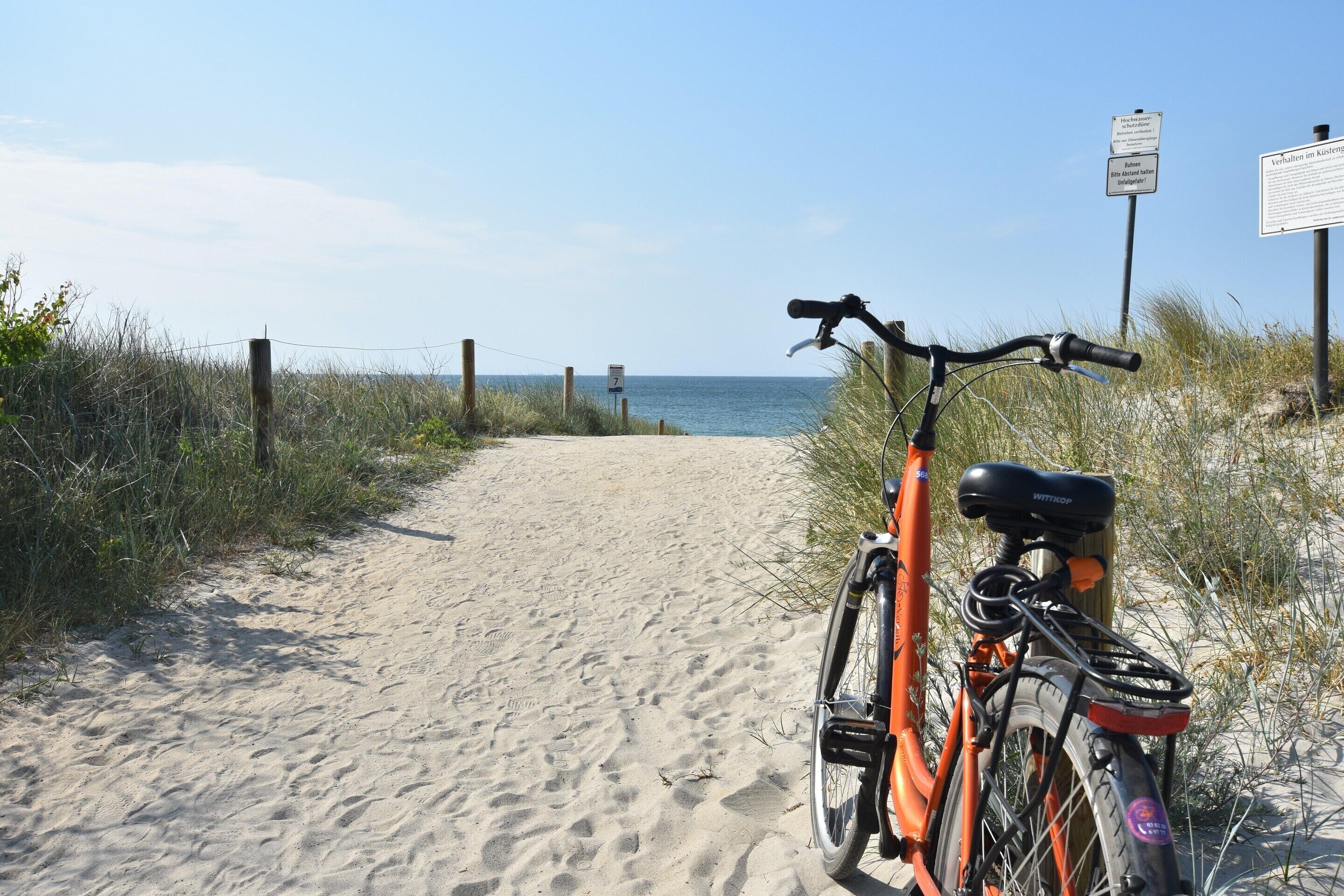 Un sendero arenoso que lleva a la playa, con una bicicleta estacionada al costado.