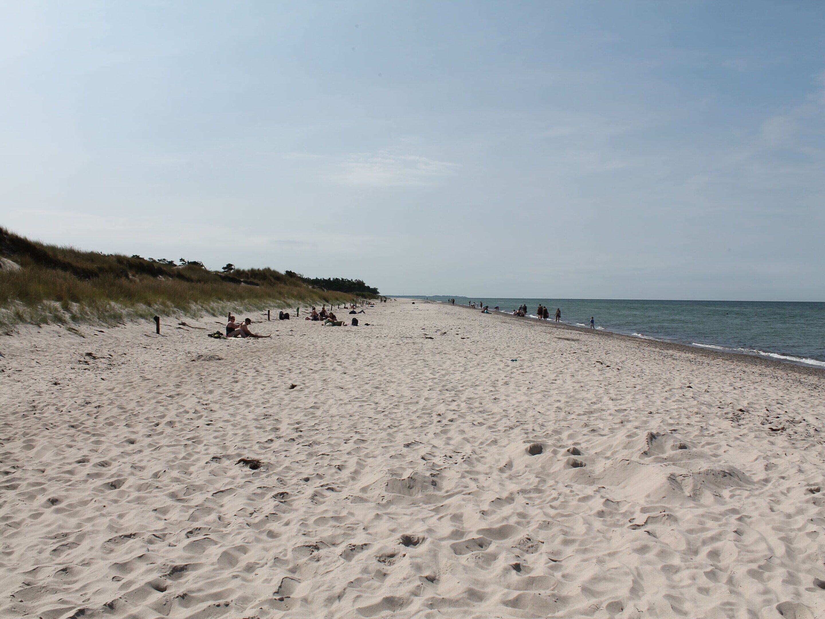 Uma extensa praia de areia com pegadas e uma duna gramada à esquerda.
