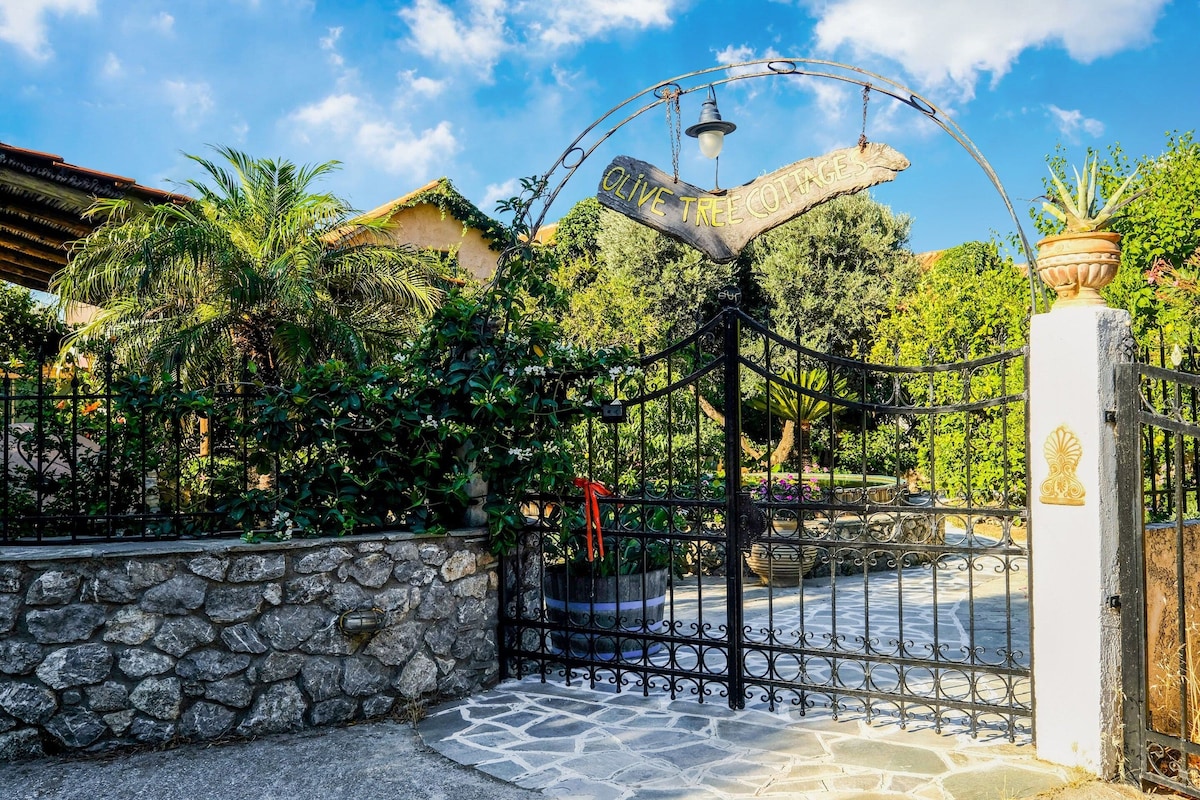 Una entrada protegida por una reja con un cartel que dice 'Olive Tree Cottages', rodeada de abundante vegetación y un muro de piedra.