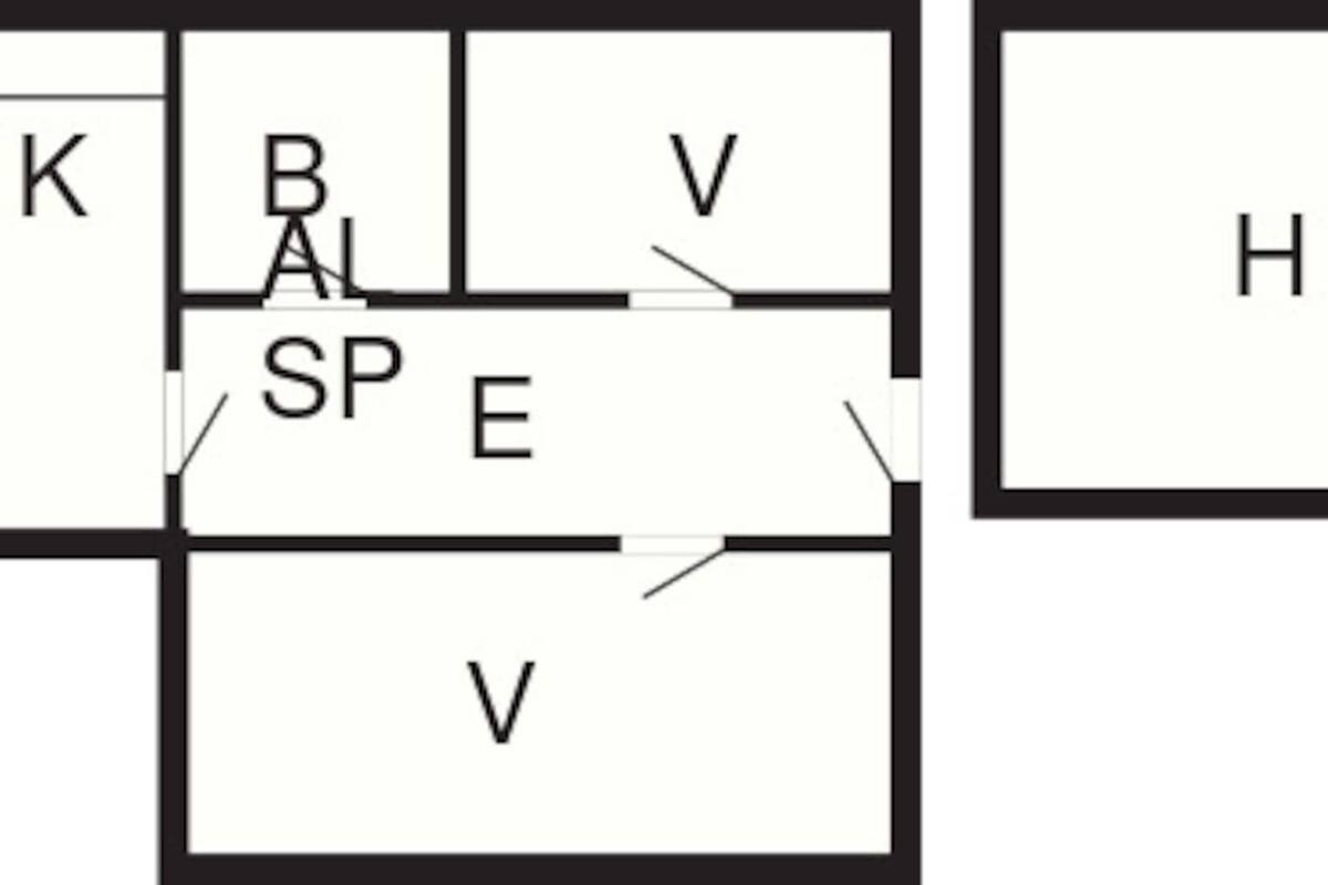 A floor plan with labeled rooms O, K, B, V, H, and E.