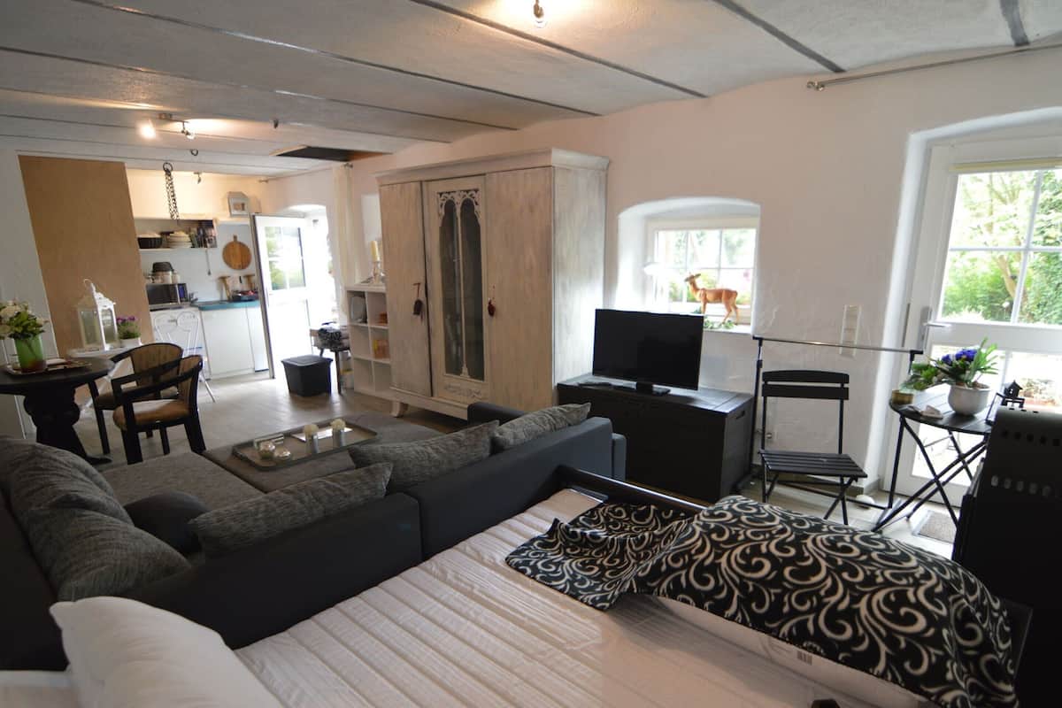 A modern living room with a sofa, a TV, and a dining area with a table and chairs.
