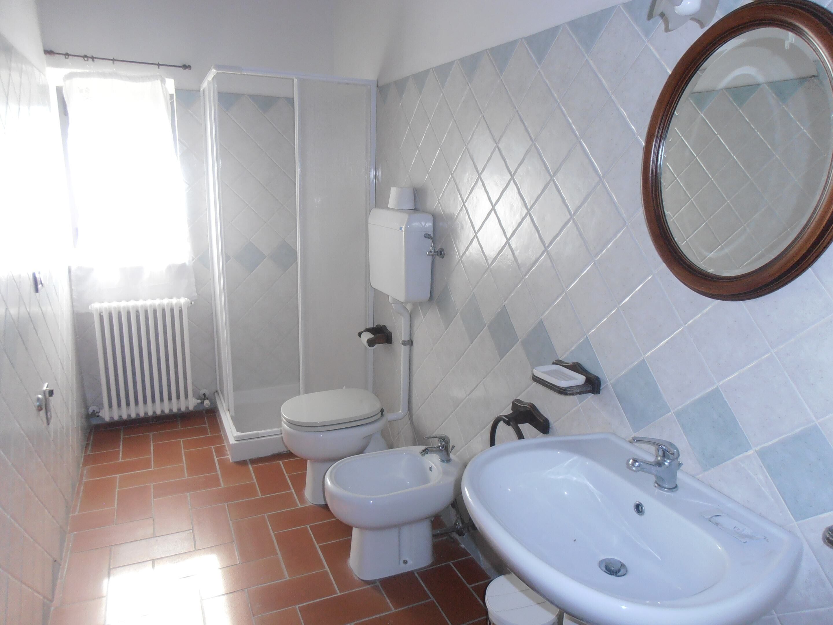 A bathroom with a shower, toilet, bidet, and sink.