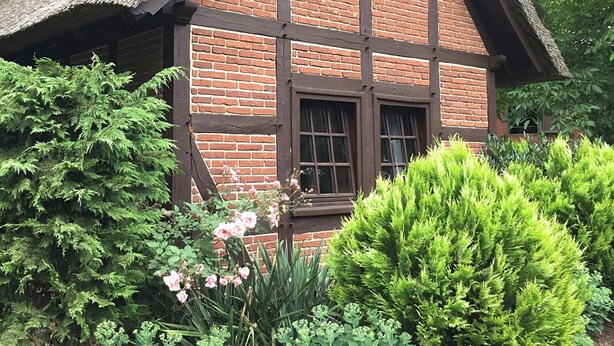 A traditional half-timbered house with a thatched roof, surrounded by lush greenery and flowering plants. - Holiday Home in Kirchdorf With Swimming Pool,terrace, Garden (Kirchdorf)