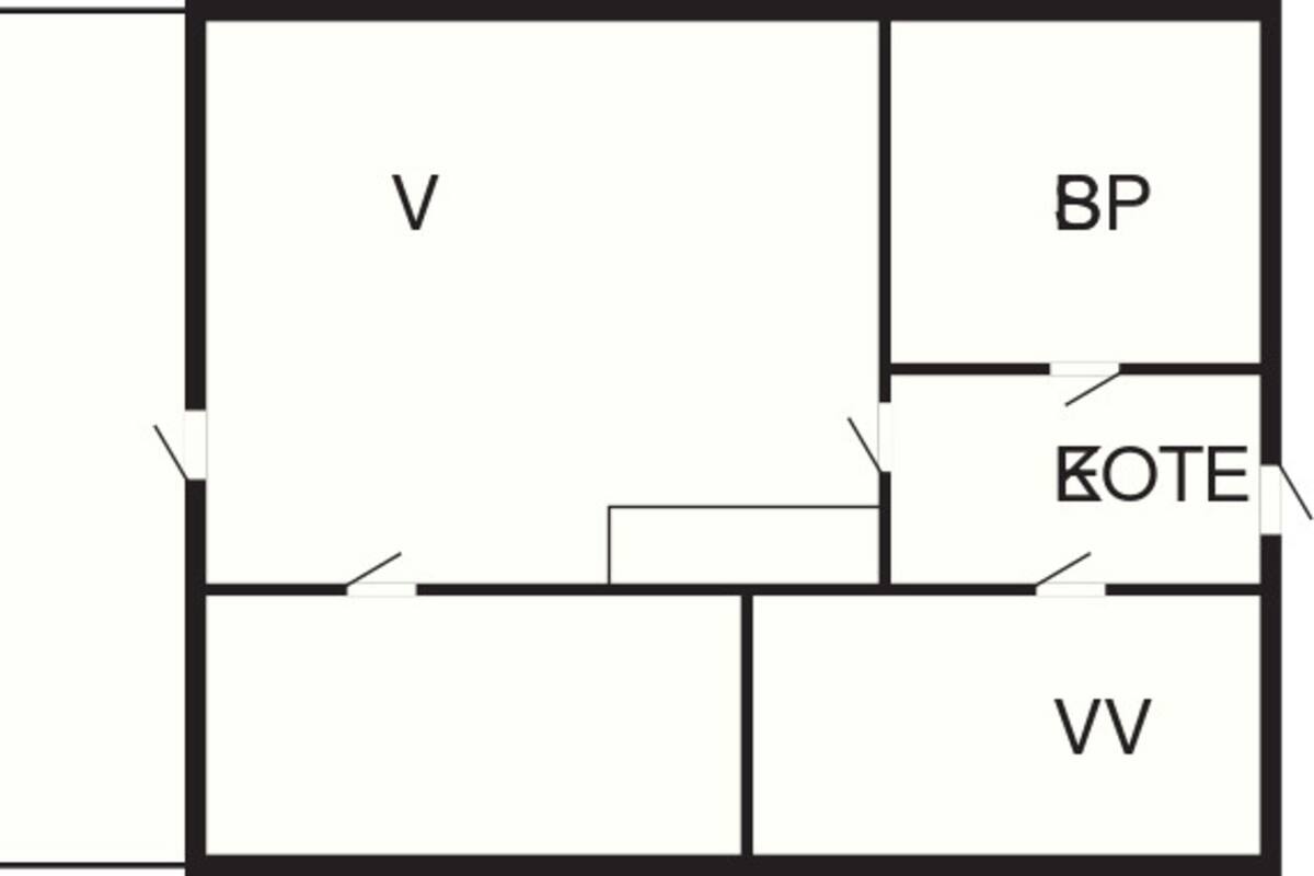 A floor plan with labeled rooms: V, BP, KOTE, and VV.