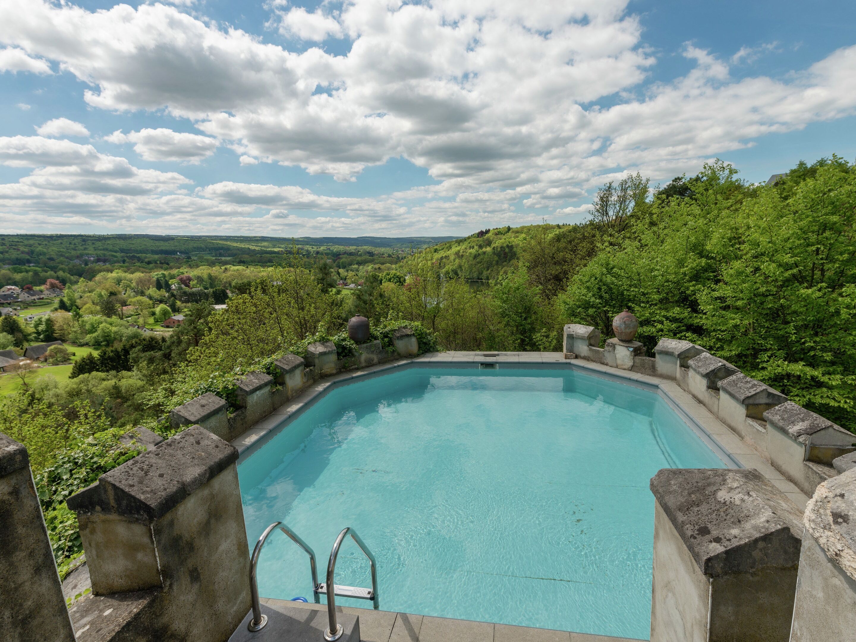 Une piscine bordée de pierres, entourée d’une végétation luxuriante et sous un ciel dégagé.