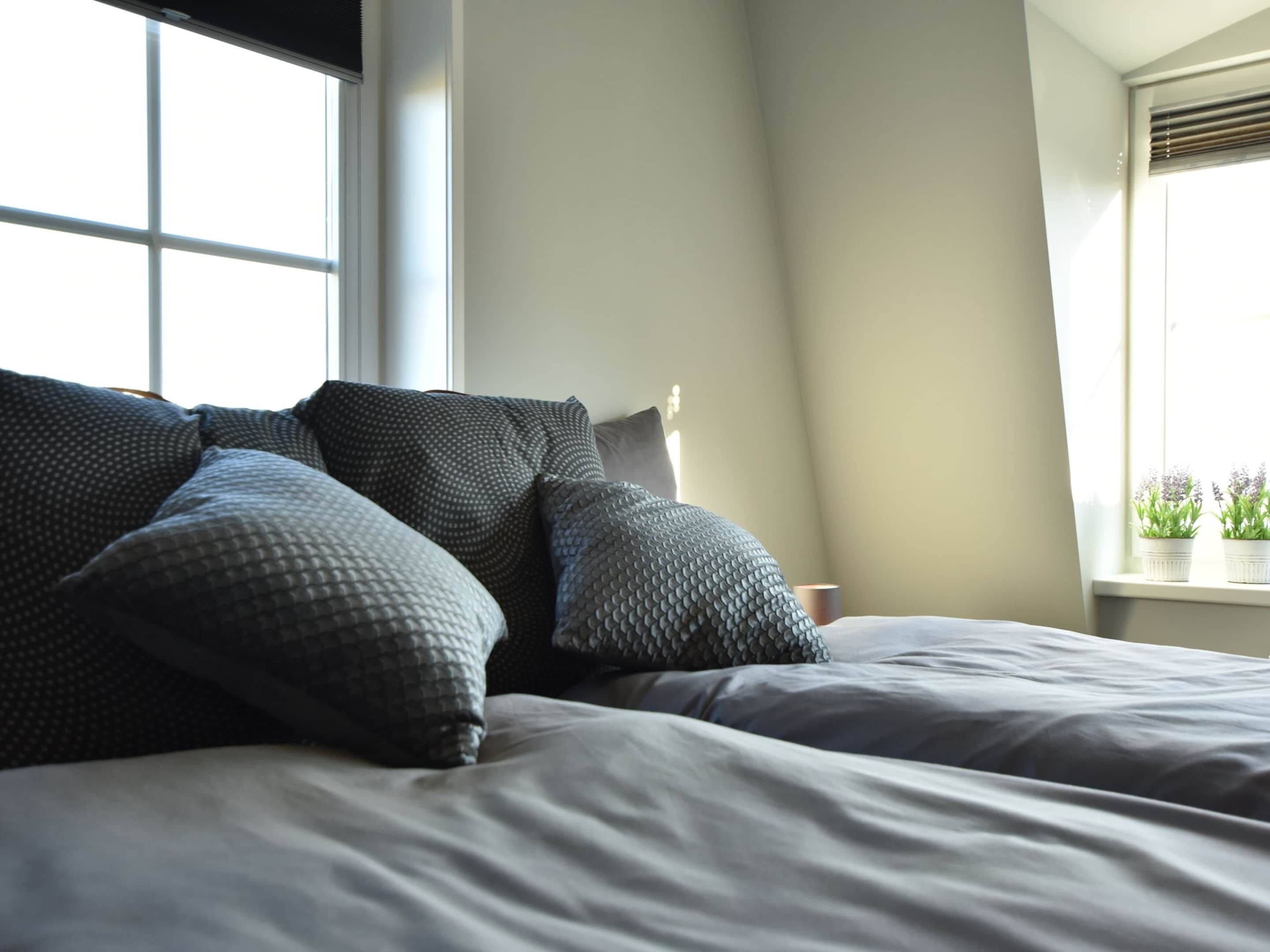 A neatly made bed with grey bedding and patterned pillows, a window with blinds, and a small potted plant on the windowsill.