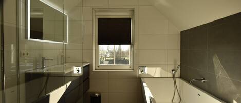 A modern bathroom with a glass shower enclosure, a large mirror, and a bathtub.