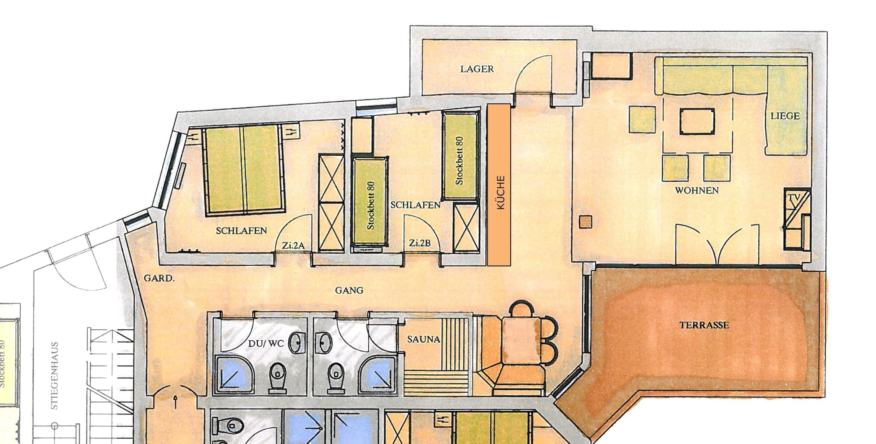 A floor plan of a hotel with labeled rooms including a living area, kitchen, bedrooms, and a terrace.