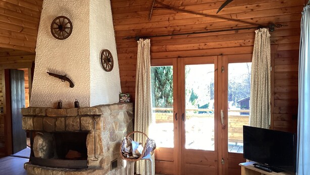 A log cabin interior with a stone fireplace, wooden walls, a television on a stand, and a door leading outside. - Detached Holiday Residence in the Wonderfully Beautiful Harz (Osterode am Harz)