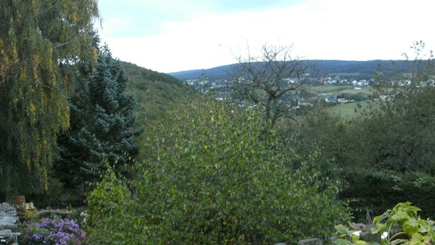 A garden with a wooden fence, a bench, and a view of a valley with houses in the distance. - Charming Apartment in Morbach Germany With Terrace (Morbach)