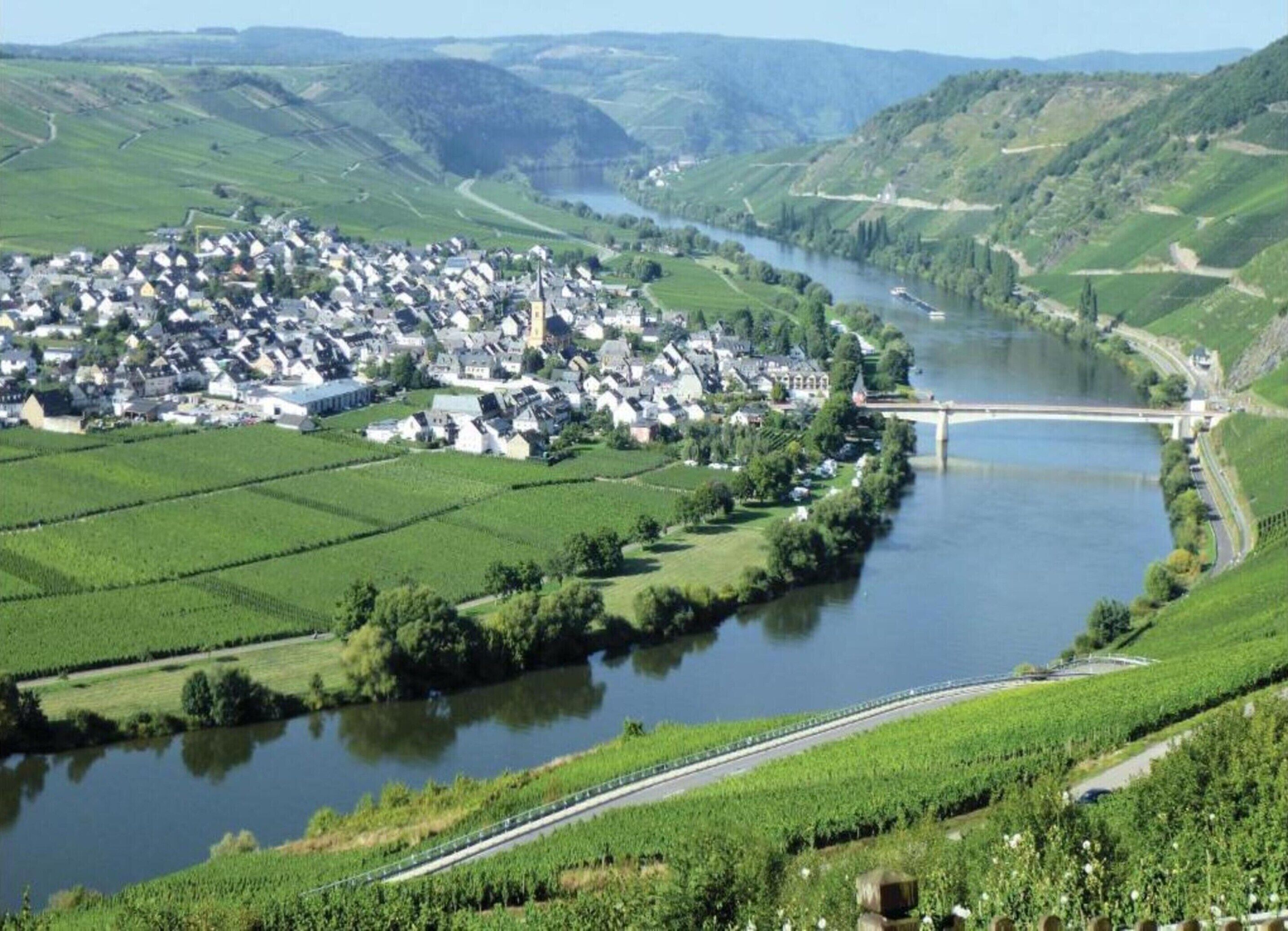 A riverside town with vineyards, a bridge, and a church.