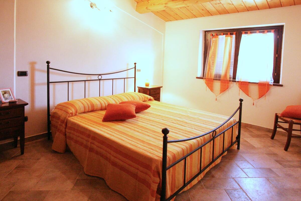 A single bed with a metal frame, a wooden headboard, and a striped bedspread. There is a nightstand with a lamp and a picture frame on it. A window with curtains is visible in the background.